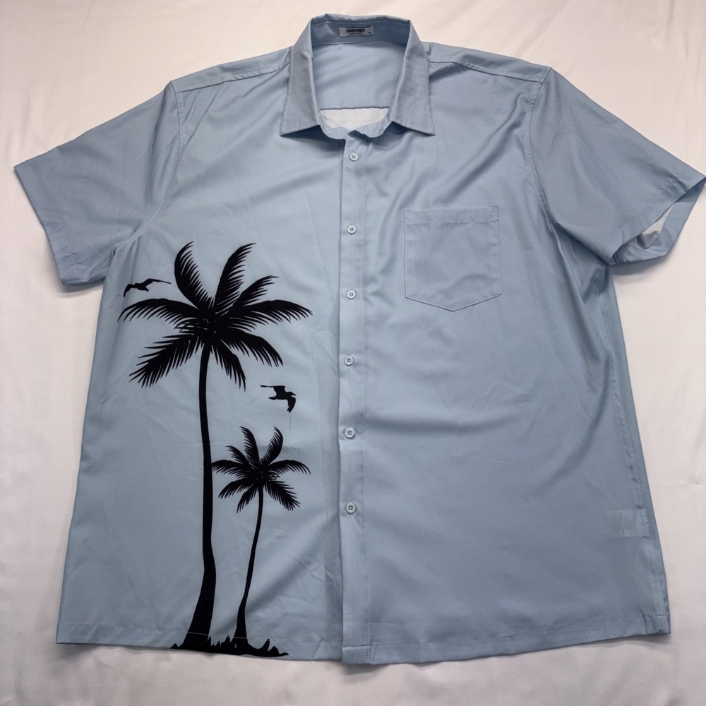 COOFANDY Shirt Men's XXL Blue Palm Tree Graphic Short Sleeve Casual Beach